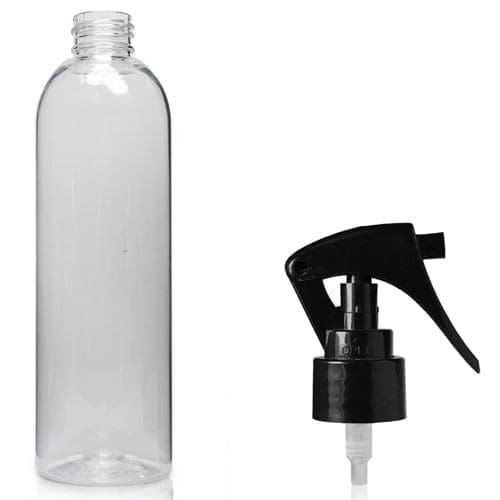 250ml Clear PET Boston Bottle & Mini Trigger Spray