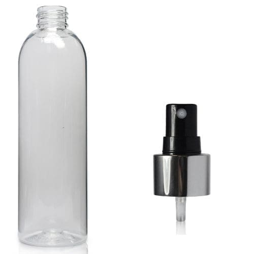 250ml Clear PET Boston Bottle with silver spray
