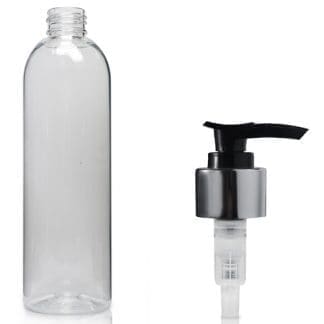 250ml Clear PET Boston Bottle & Silver Lotion Pump