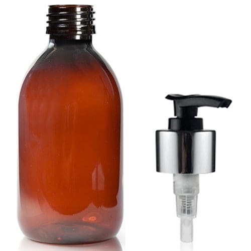 250ml amber Sirop bottle with silver pump