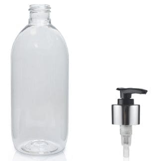 500ml Clear PET Olive Bottle & Silver Lotion Pump
