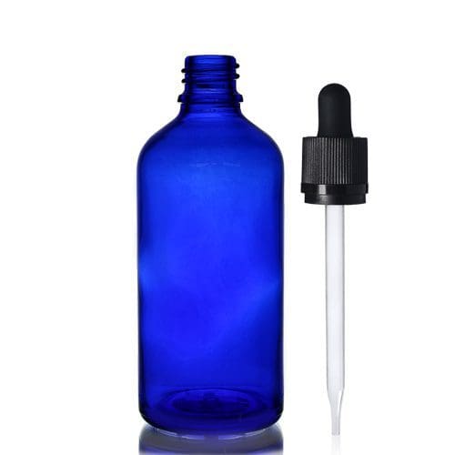 100ml Blue Glass Dropper Bottle w Straight Tip Pipette