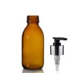 125ml Amber Glass Sirop Bottle w Black and Silver Lotion Pump