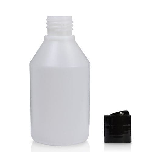 150ml Natural HDPE Round Bottle w Black Disc Top Cap
