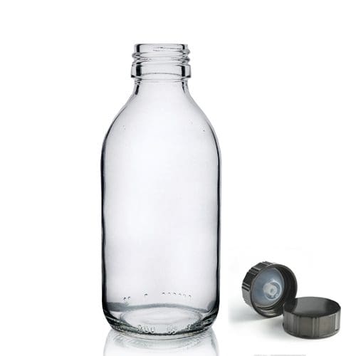 200ml Clear Glass Sirop Bottle w Black Urea Cap
