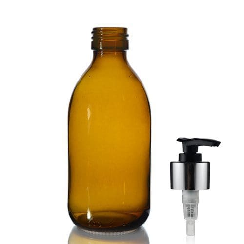 250ml Amber Glass Sirop Bottle w Black and Silver Lotion Pump