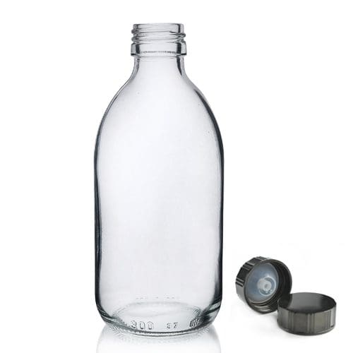 300ml Clear Glass Sirop Bottle w Black Urea Cap