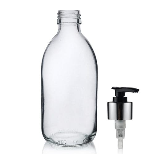 300ml Clear Glass Sirop Bottle w Black and Silver Lotion Pump