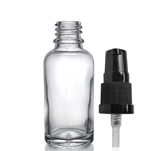 30ml Clear Glass Dropper Bottle w Black Lotion Pump