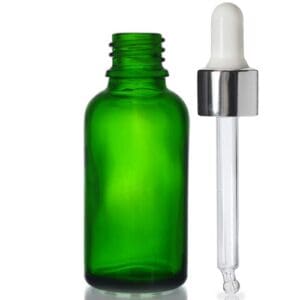 30ml Green Glass Dropper Bottle w White ans Silver Pipette