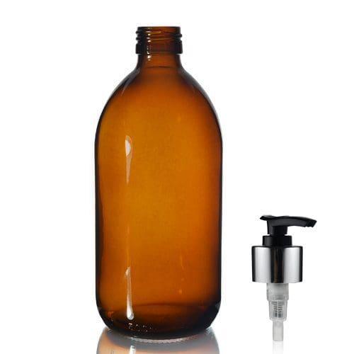 500ml Amber Glass Sirop Bottle w Black and Silver Lotion Pump