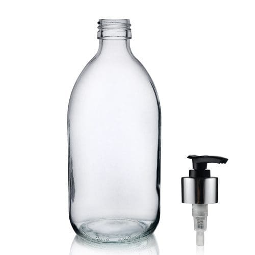 500ml Clear Glass Sirop Bottle w Black and Silver Lotion Pump