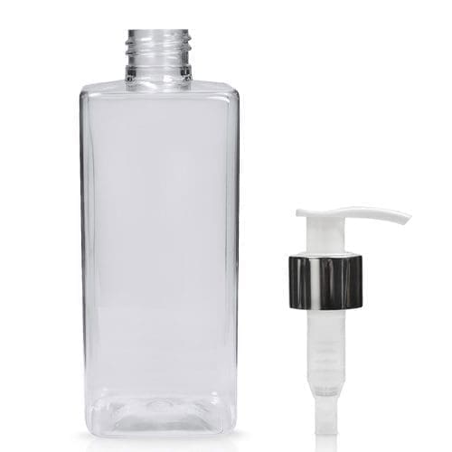 300ml Square Plastic Lotion Bottle300ml Square PET Plastic Bottle w White and Silver Lotion Pump
