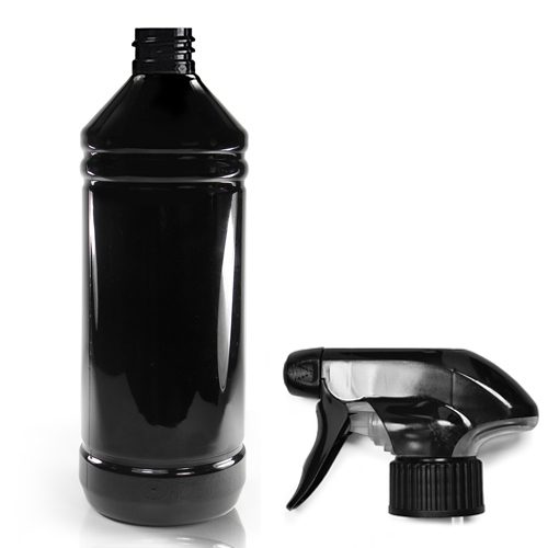 1 Litre Glossy Black Plastic Bottle 28mm Trigger Spray