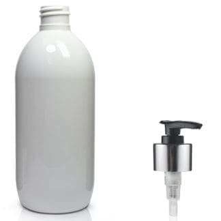 500ml White PET Olive Bottle & Silver Lotion Pump