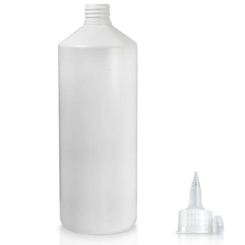 1 Litre White HDPE Plastic Round Bottle & Spout Cap