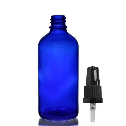 100ml Blue Glass Dropper Bottle w Black Lotion Pump