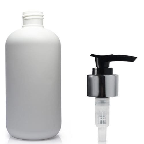 250ml White Plastic Bottle with silver pump