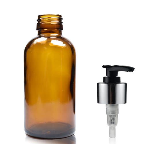 150ml Amber Glass Boston Bottle w Black and Silver Lotion Pump