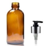 200ml Amber Glass Boston Bottle w Black and Silver Lotion Pump