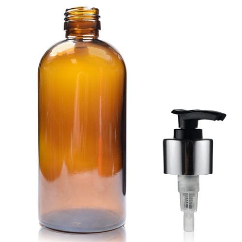 250ml Amber Glass Boston Bottle w Black and Silver Lotion Pump