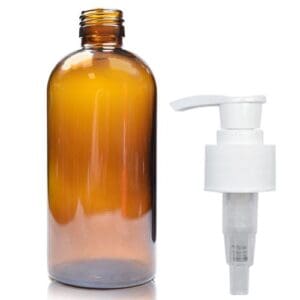 250ml Amber Glass Boston Bottle w white GCAP Pump