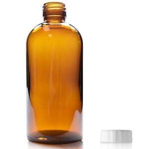 300ml Amber Glass Boston Bottle w White PP Cap