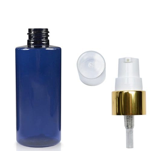 100ml Cobalt Blue Plastic Bottle With Gold Lotion Pump