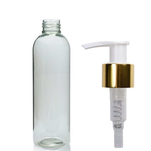 200ml rPET Boston Bottle With Gold Glossy Lotion Pump