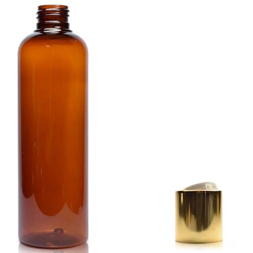 250ml Amber Plastic Bottle With W Gold Disc Top Cap