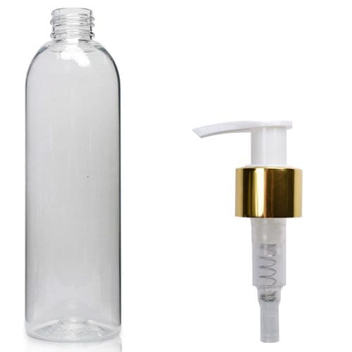 250ml Clear Boston Bottle With Gold Lotion Pump