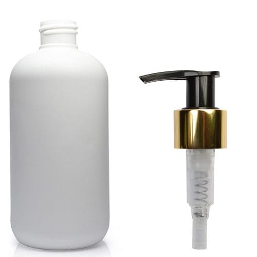250ml White Plastic Bottle With Blk Glossy Gold Lotion Pump