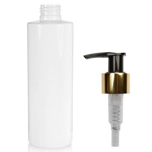 250ml White Plastic Bottle With Gold Lotion Pump