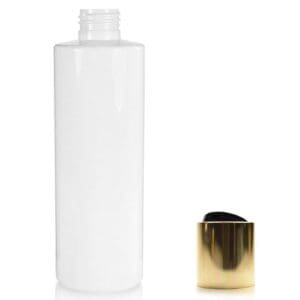 250ml White plastic bottle with blk gold disc cap