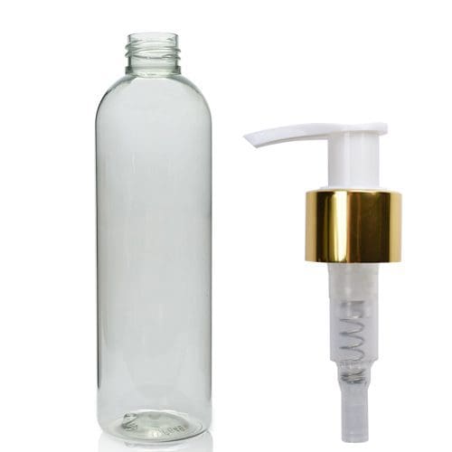 250ml rPET Boston Bottle With Gold Glossy Pump