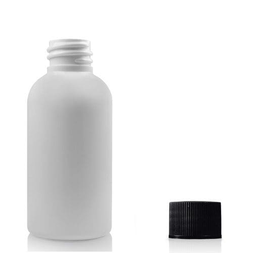 50ml white PET plastic bottle with black screw cap