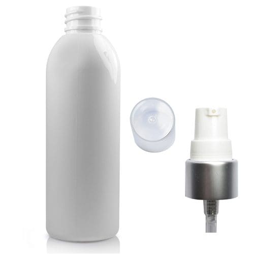 100ml white PET plastic bottle with white matt silver pump
