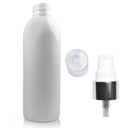 100ml white PET plastic bottle with white silver pump