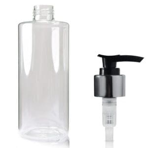250ml Clear Round Bottle with black silver pump