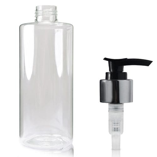 250ml Clear Round Bottle with black silver pump