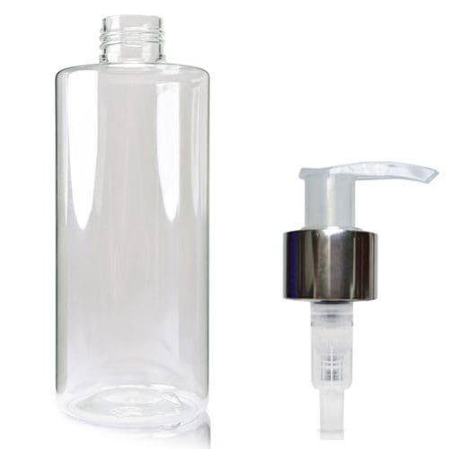 250ml Clear Round Bottle with nat silver pump