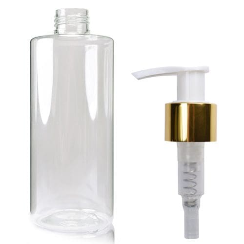 250ml Clear Round Bottle with white gold pump