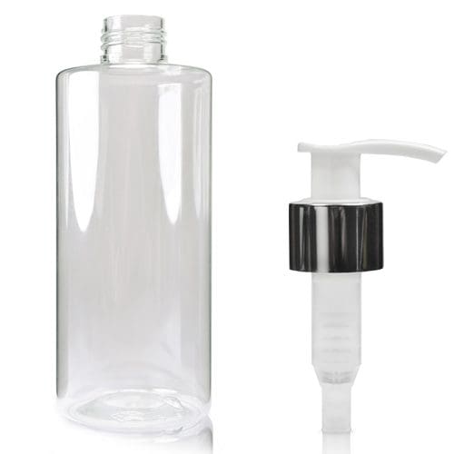 250ml Clear Round Bottle with white silver pump