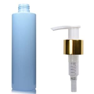 250ml Light Blue Plastic Bottle w white gold pump