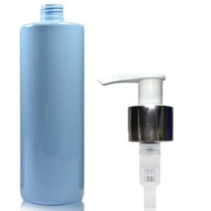 500ml Blue Plastic Bottle w white silver pump