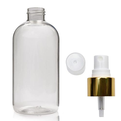 250ml Clear PET Boston Bottle & Gold Atomiser Spray Ampulla