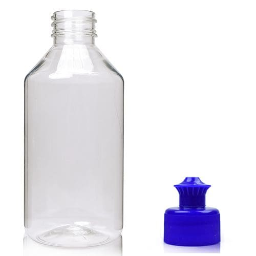 250ml Clear PET Plastic Round Bottle with Free Blue Pull Top Cap