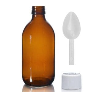 300ml Amber Glass Sirop Bottle With White Medilock Cap & Spoon