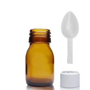 30ml Amber Glass Sirop Bottle With White Medilock Cap & Spoon
